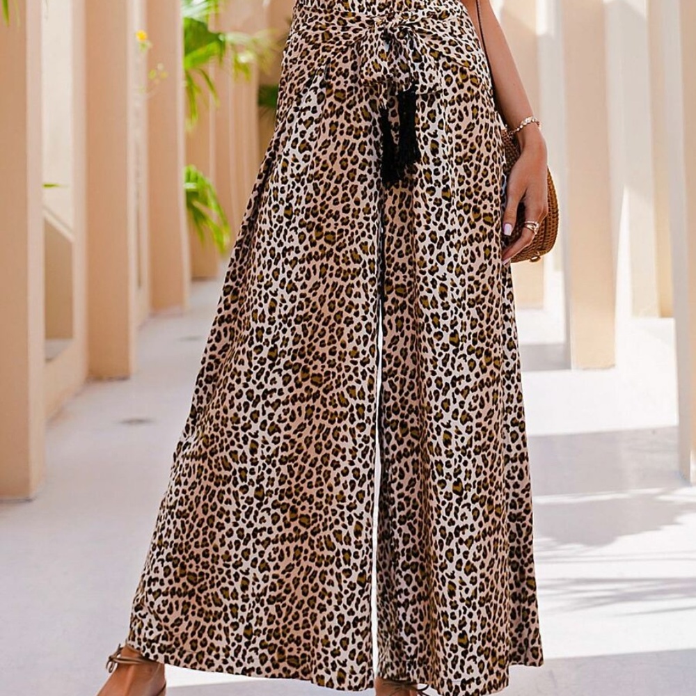 leopard print boho tassel tie palazzo wide pants - Picture 8 of 9